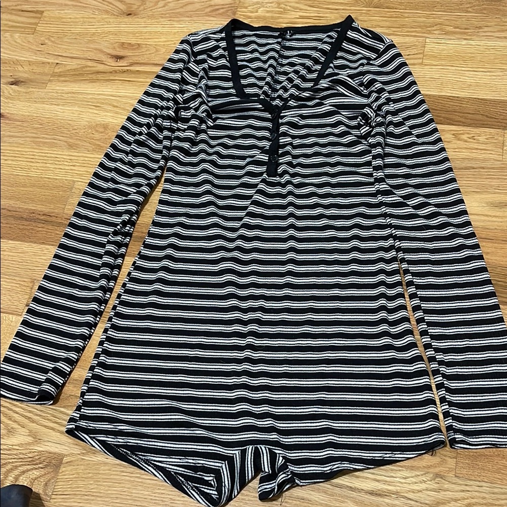 Fashion Nova Black and White Striped Jumpsuit with V-Neck